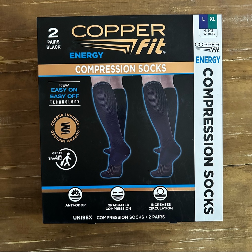 Copper Fit Energy Unisex Knee High Compression Socks 2 Pairs Black Size L/XL